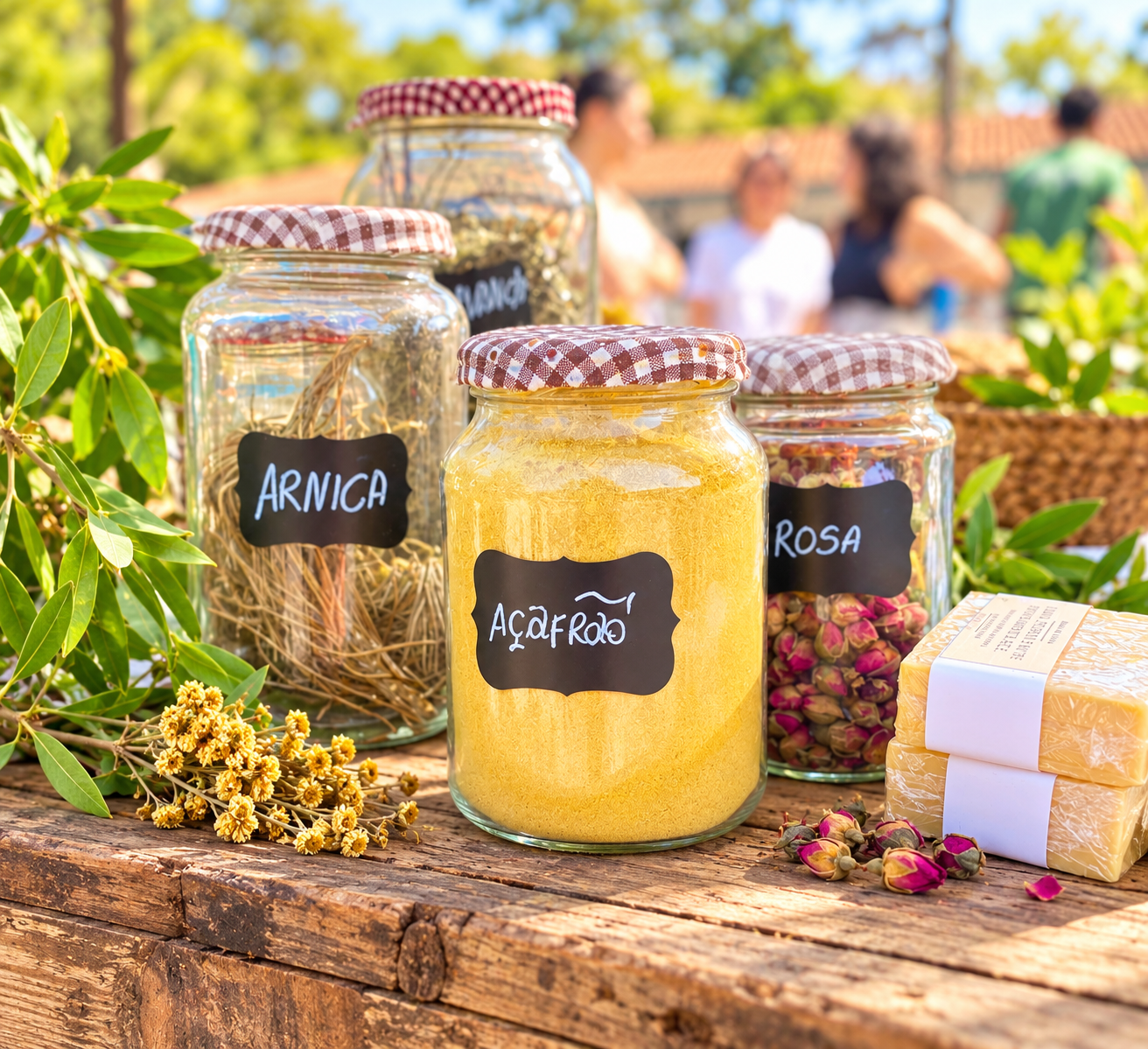 Ervas em potes e sabonetes na banca do Atelier Flor de Maria